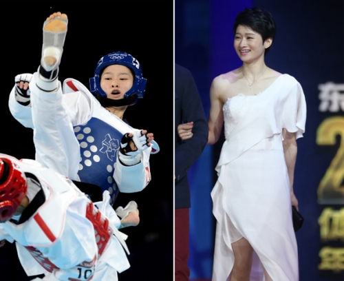 新华社照片，北京，2016年3月7日
    （体育·专题）（20）女汉子和女神：只是一件礼服的距离
    她们是女汉子，在赛场上纵横驰骋；她们也是女神，在舞台上妩媚摇曳。对于她们来说，女汉子和女神之间也许只是一件礼服的距离。2016年三·八妇女节来临之际，我们用一组图片展示赛场上那些女汉子变女神的各自风采。
    左图：2012年8月8日，中国选手吴静钰在伦敦奥运会跆拳道女子49公斤级决赛中。
    右图：2016年1月24日，吴静钰出席“2015CCTV体坛风云人物年度评选”颁奖典礼。
    新华社发
    