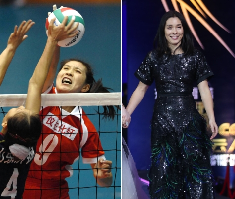 新华社照片，北京，2016年3月7日
    （体育·专题）（22）女汉子和女神：只是一件礼服的距离
    她们是女汉子，在赛场上纵横驰骋；她们也是女神，在舞台上妩媚摇曳。对于她们来说，女汉子和女神之间也许只是一件礼服的距离。2016年三·八妇女节来临之际，我们用一组图片展示赛场上那些女汉子变女神的各自风采。
    左图：2005年10月19日，江苏队球员孙玥在第十届全运会女排四分之一决赛中进攻。
    右图：2016年1月24日，孙玥出席“2015CCTV体坛风云人物年度评选”颁奖典礼。
    新华社发
    