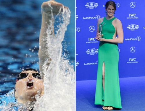 新华社照片，北京，2016年3月7日
    （体育·专题）（24）女汉子和女神：只是一件礼服的距离
    她们是女汉子，在赛场上纵横驰骋；她们也是女神，在舞台上妩媚摇曳。对于她们来说，女汉子和女神之间也许只是一件礼服的距离。2016年三·八妇女节来临之际，我们用一组图片展示赛场上那些女汉子变女神的各自风采。
    左图：2011年7月30日，美国选手富兰克林在第14届国际泳联世界锦标赛女子200米仰泳决赛中。
   右图：2014年3月26日，富兰克林在2014劳伦斯世界体育奖颁奖典礼中获得年度最佳女运动员奖。
    新华社发
    