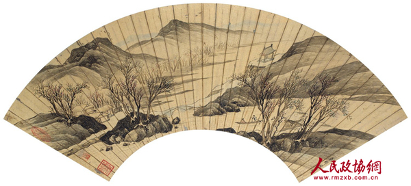 周臣 《秋江泛棹》 金箔扇面 周臣 《秋江泛棹》 金箔扇面