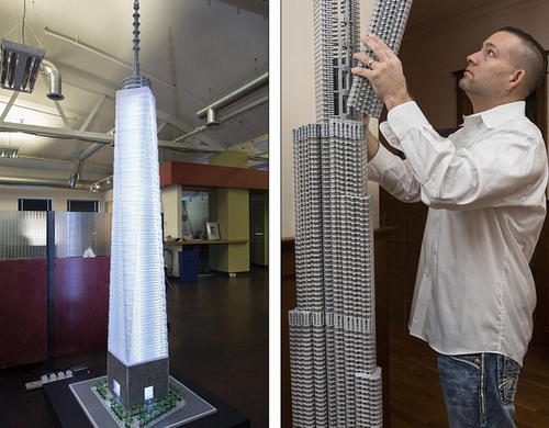 左图是塔克搭建的世贸中心一号大楼，右图是迪拜的哈利法塔。（网页截图）