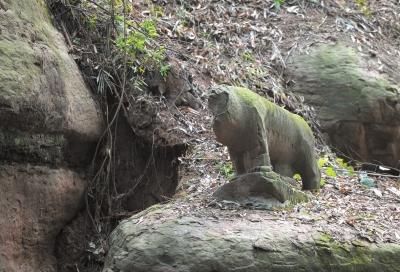 石龙左侧的一块石头上，按原状复制的石虎也已受损。