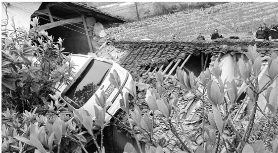 司机误把油门当刹车致汽车失控直接冲到房顶（图）