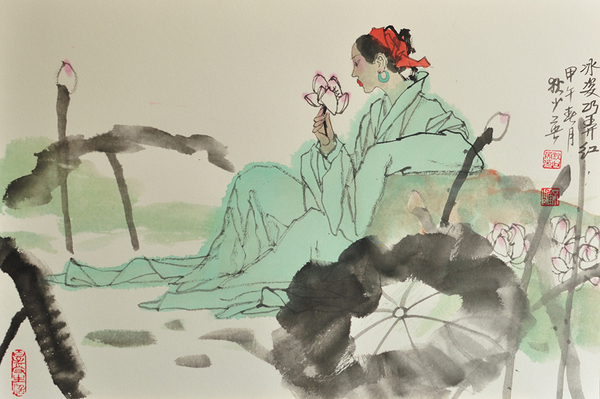 2、《冰姿巧弄红》，狄少英，45x65cm，纸本设色，2015