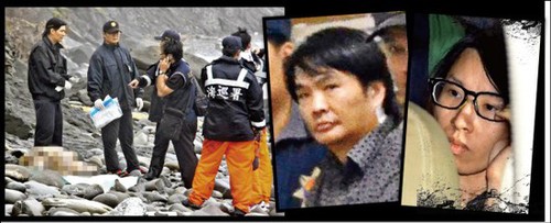 蔡京京(右一)和男友曾智忠(右二)杀母抛尸(左图为抛尸地)