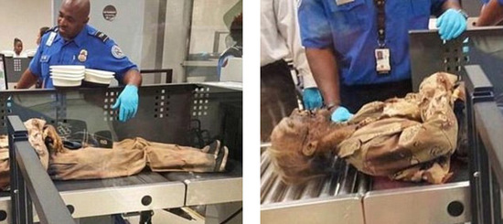 这名死尸“乘客”躺着平安无事地通过了X光机