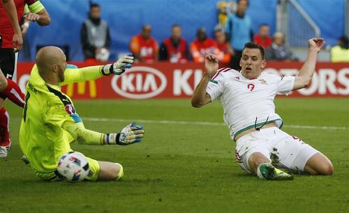 6月14日，匈牙利队球员绍洛伊（右）在比赛中射门得分。当日，在法国波尔多进行的2016年欧洲足球锦标赛小组赛F组比赛中，奥地利队对阵匈牙利队。 新华社 路透