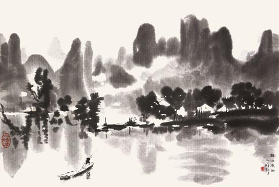 现代?徐悲鸿《漓江春雨》 （木版水?。?画心 80cm×113cm