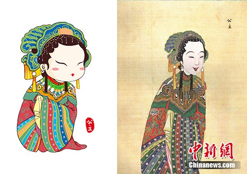 　　以国图馆藏《庆赏升平》为基础设计的公主形象（左），右图为《庆赏升平》中的公主形象。国家图书馆供图
