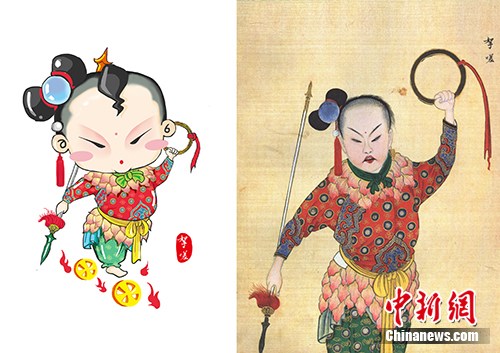 　　以国图馆藏《庆赏升平》为基础设计的哪吒形象（左），右图为《庆赏升平》中的哪吒形象。国家图书馆供图