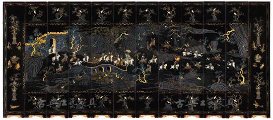 图5 清康熙 黑漆嵌螺钿“皇家狩猎图”十二扇围屏