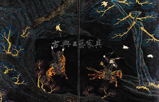 图5-1 清康熙 黑漆嵌螺钿“皇家狩猎图”十二扇围屏(局部)