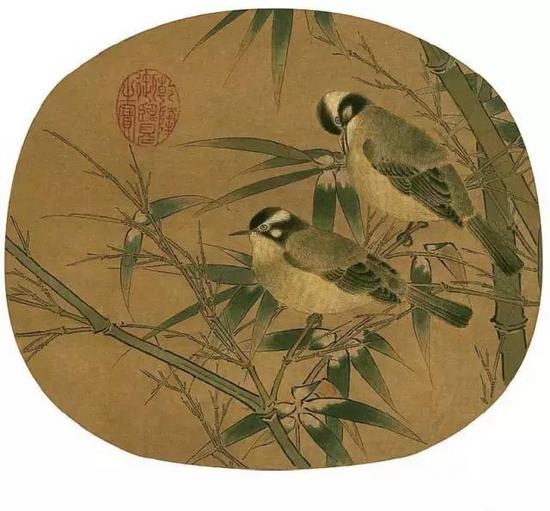 《白头丛竹图页》 宋 纨扇页，绢本设色， 纵25.4cm，横28.9cm