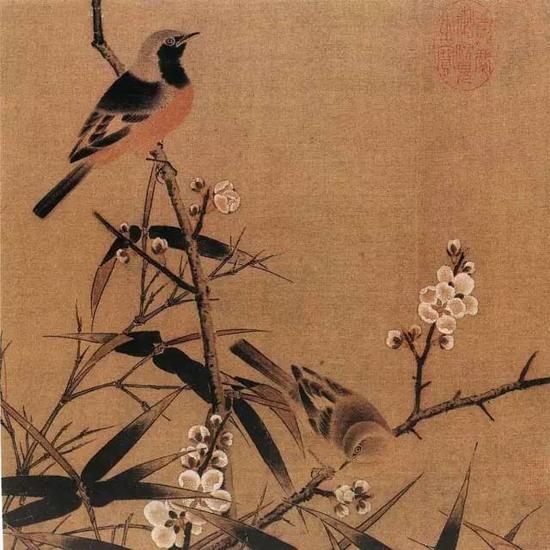 《梅竹双雀图页》 宋，绢本设色，26c×26.5cm