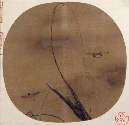 《秋柳双鸦图页》 宋，梁楷，纨扇页，绢本设色，

纵24.7cm，横25.7cm