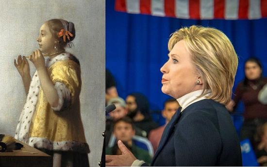 左：维米尔，《戴珍珠项链的女子》（Woman With A Pearl Necklace），1662-1665。图片：Courtesy of Wikicommons 右：希拉里·克林顿，2016。图片： Courtesy of Wikicommons