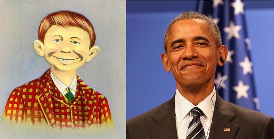 左：阿尔弗雷德·E·纽曼。图片：Courtesy Wikicommons 右：巴拉克·奥巴马总统，2016。图片：Courtesy Adam Berry/Getty Images