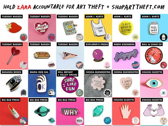 Adam J. Kurtz为 设计师原作与Zara疑似抄袭产品制作的插画 。图片：Courtesy of Adam J. Kurtz