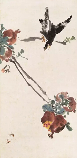 萧朗《石榴八哥图》 萧朗《石榴八哥图》