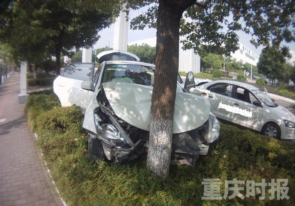 水帘遮住了驾驶员的视线，轿车撞在了树上