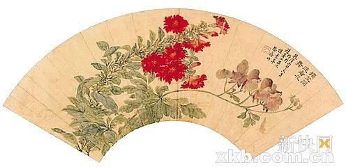 清弘旿设色花卉图扇面 扇首自题:“独坐闲庭看花舞” 清弘旿设色花卉图扇面 扇首自题:“独坐闲庭看花舞”