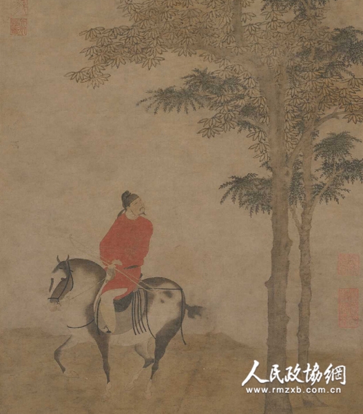 《挟弹游骑图》轴(局部) 元 《挟弹游骑图》轴(局部) 元