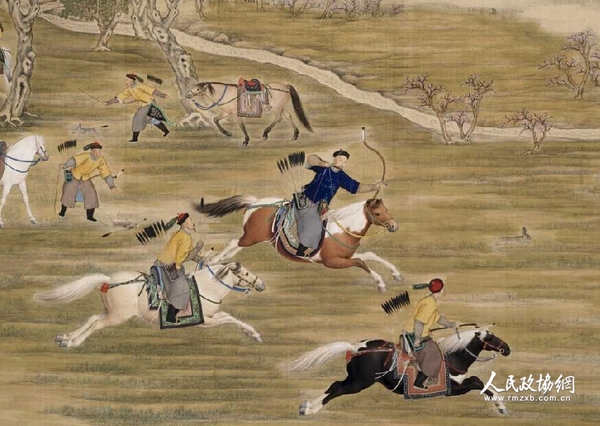 《乾隆皇帝射猎图》轴(局部) 清 《乾隆皇帝射猎图》轴(局部) 清