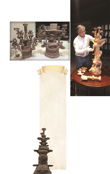 汉代陶制七头油灯。十三头的西王母油灯是“镇馆之宝”。陈履生现场安装布置。
