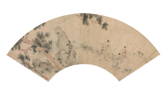 金廷标   花圃婴戏 扇面镜片 纸本设色