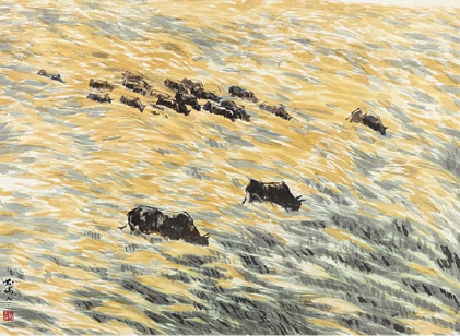 风吹草低见牛羊(纸本彩墨)  伍必端 风吹草低见牛羊(纸本彩墨)  伍必端