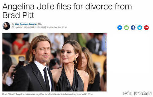 【CNN:安吉丽娜·朱莉申请和布拉德皮特离婚】据CNN消息，本周一，美国好莱坞巨星夫妇安吉丽娜·朱莉已经向丈夫布拉德-皮特提出离婚申请，同时她要求对6位子女拥有抚养权，给予布拉德-皮特探视的权利。据报道，安吉丽娜-朱莉提出离婚申请的文件显示，夫妻二人已经于9月15日正式分居。