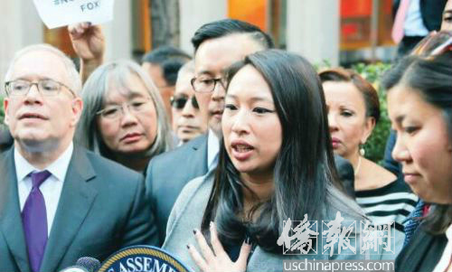 州众议员第65选区候选人牛毓琳发言。(美国《侨报》/管黎明 摄)