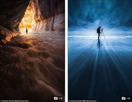 左图：锡安国家公园的清晨徒步；右图：斯图德独自在冰岛拍摄。