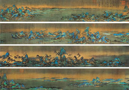 王希孟《千里江山图》，绢本青绿设色，纵51.5厘米、横1191.5厘米，北京故宫博物院藏