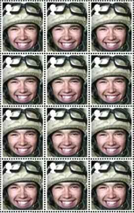 史蒂夫·麦奎因的作品《女皇与国家》，由一个带有纵向抽屉的大型陈列柜组成，每个抽屉面板上是一整版阵亡士兵的头像邮票。