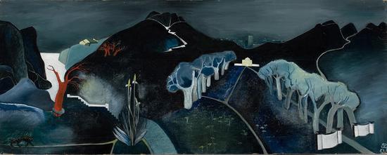 　　Tove Jansson， Mysterious Landscape， c。 1930， Oil on plywood， 61 x 152.5 cm， Ateneum Art Museum。 Photo： Finnish National Gallery / Hannu Aaltonen