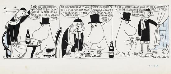 　　Tove Jansson， Comic strip Moomin on the Riviera， 1955， British Cartoon Archive， University of Kent。 Photo： Finnish National Gallery / Jenni Nurminen