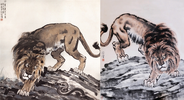 左图为徐悲鸿《侧目》真迹111×109cm 右图为《侧目》伪作 左图为徐悲鸿《侧目》真迹111×109cm 右图为《侧目》伪作