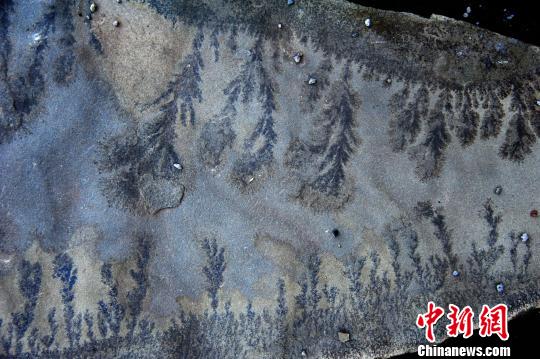 图为条纹状般有序排列、颜色两头深中间浅的“岩画”?！〕卤躺∩? longdesc=