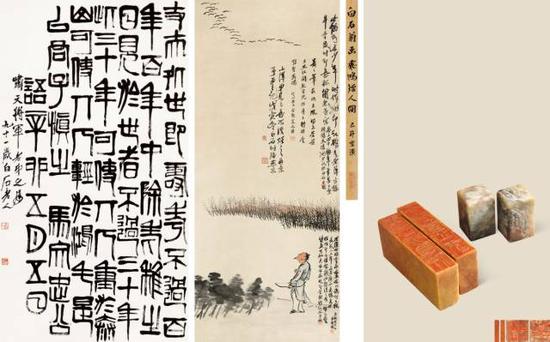 　　齐白石“三绝合璧”：《篆书丈夫处世散语中堂》《拨弦猎雁图》《致胡洪开印》二组四方，成交价：5175万元