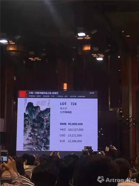 附图1、中国嘉德“大观”拍卖张大千 1946年作《仿巨然晴峰图 》立轴场景