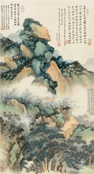 　　附图5、吴湖帆1937年作、1945年作 锦绣奇峰 立轴（2016年11月嘉德4082.5万成交，香港1993年春季拍卖会以68万港币成交，创下纪录）