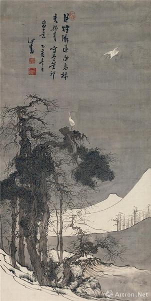 　　附图8、溥心畬乙亥（1935年）作 寒林白鹭 立轴 设色绢本尺幅73×37厘米（2016年11月嘉德299万元成交）