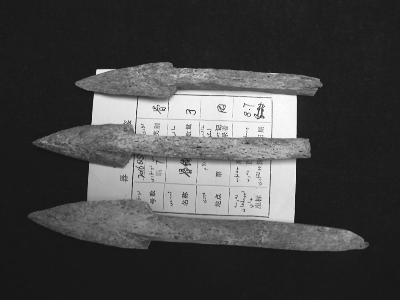 发掘出的三枚骨镞 发掘出的三枚骨镞