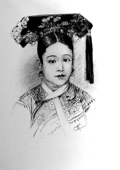 虽然卡尔对瑾妃评价很低，但还是将她美化了不少。图为瑾妃的照片与素描。