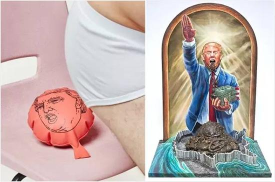 左图是特朗普屁垫，右图是讽刺特朗普乃当代希特勒的漫画。