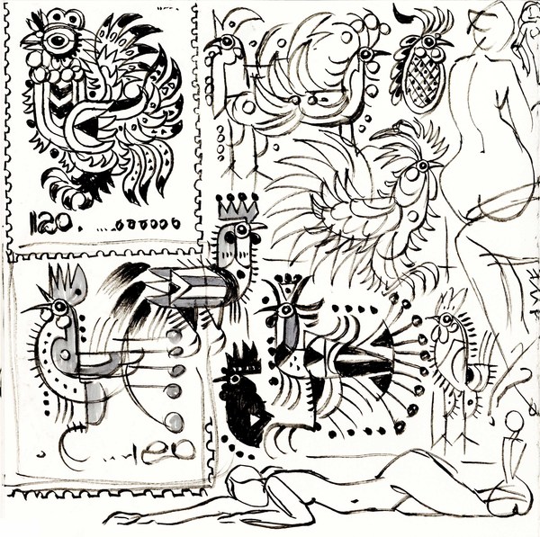 韩美林为设计《丁酉年》特种邮票创作的手稿