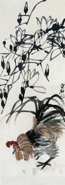 齐白石《玉兰公鸡》