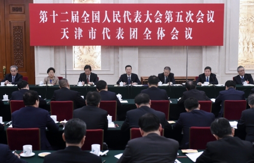 3月6日，中共中央政治局常委、国务院副总理张高丽参加十二届全国人大五次会议天津代表团的审议。  新华社记者 燕雁 摄