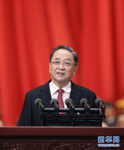 3月3日，中国人民政治协商会议第十二届全国委员会第五次会议在北京人民大会堂开幕。这是俞正声代表政协第十二届全国委员会常务委员会作工作报告。新华社记者 姚大伟 摄